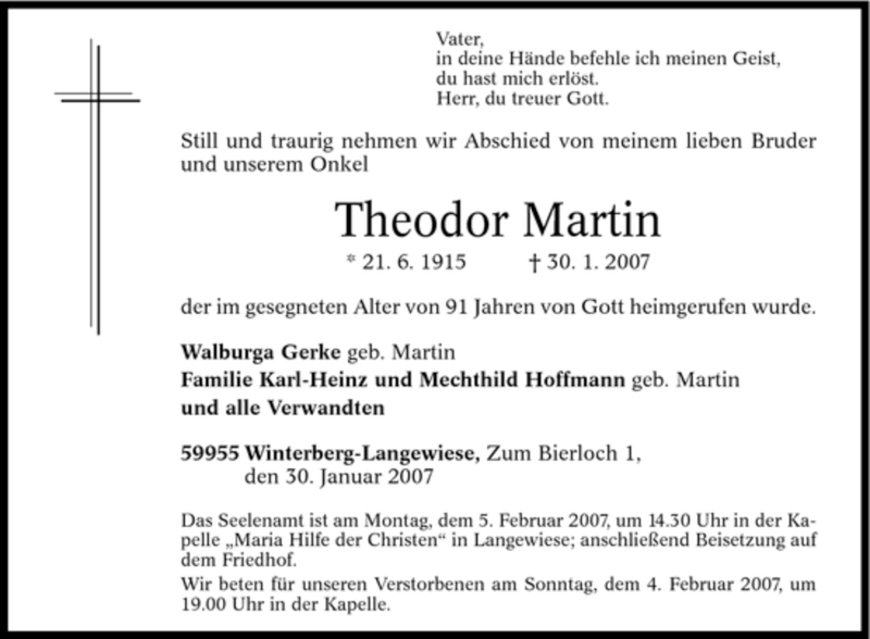  Traueranzeige für Theodor Martin vom 01.02.2007 aus Tageszeitung