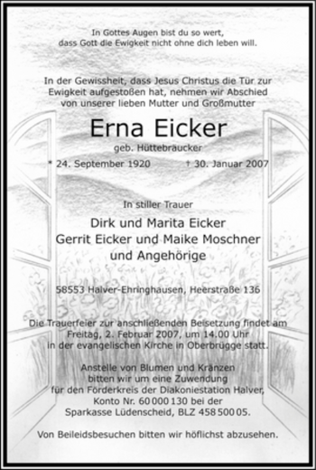 Traueranzeige von Erna Eicker von Tageszeitung