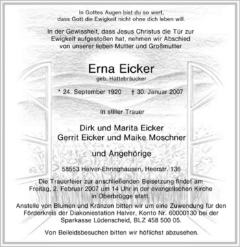 Traueranzeige von Erna Eicker von Tageszeitung