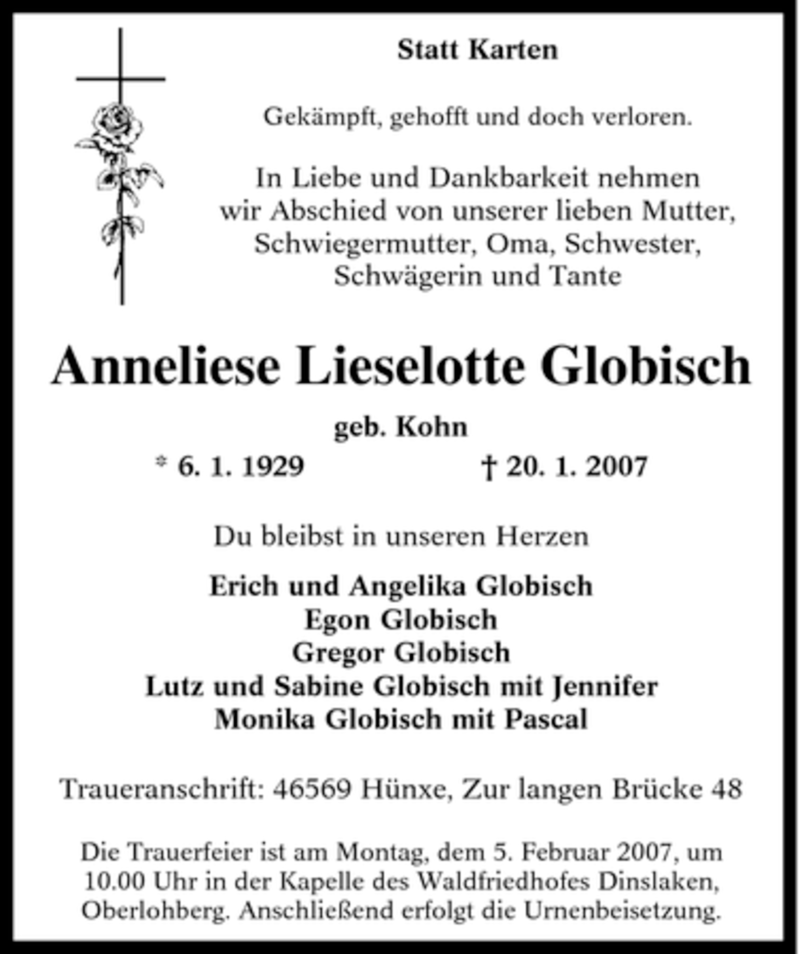  Traueranzeige für Anneliese Lieselotte Globisch vom 02.02.2007 aus Tageszeitung