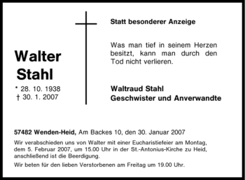 Traueranzeige von Walter Stahl von Tageszeitung