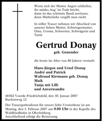 Traueranzeige von Gertrud Donay von Tageszeitung