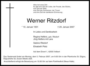 Traueranzeige von Werner Ritzdorf von Tageszeitung