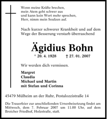 Traueranzeige von Ägidius Bohn von Tageszeitung