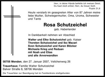 Traueranzeige von Rosa Schutzeichel von Tageszeitung