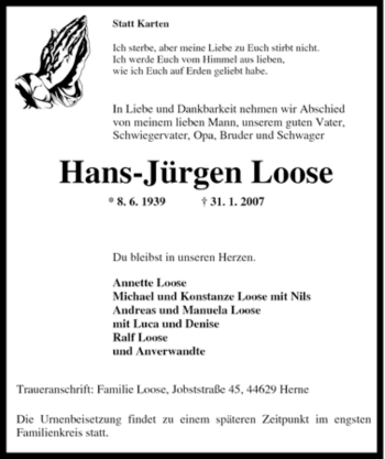 Traueranzeige von Hans-Jürgen Loose von Tageszeitung
