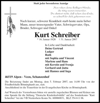 Traueranzeige von Kurt Schreiber von Tageszeitung