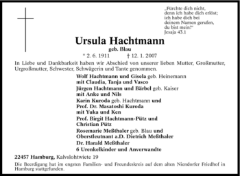 Traueranzeige von Ursula Hachtmann von Tageszeitung