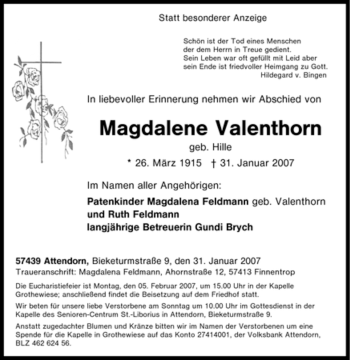 Traueranzeige von Magdalene Valenthorn von Tageszeitung