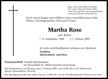 Traueranzeige von Martha Rose von Tageszeitung
