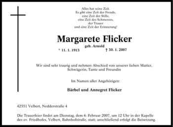 Traueranzeige von Margarete Flicker von Tageszeitung