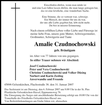 Traueranzeige von Amalie Czudnochowski von Tageszeitung