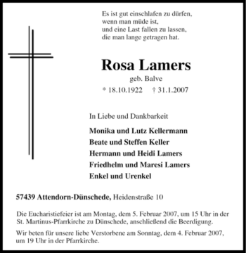 Traueranzeige von Rosa Lamers von Tageszeitung
