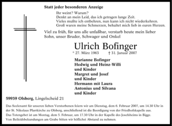 Traueranzeige von Ulrich Bofinger von Tageszeitung