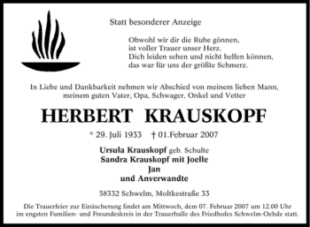 Traueranzeige von Herbert Krauskopf von Tageszeitung