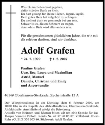 Traueranzeige von Adolf Grafen von Tageszeitung