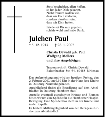 Traueranzeige von Julchen Paul von Tageszeitung
