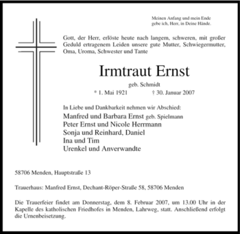 Traueranzeige von Irmtraut Ernst von Tageszeitung