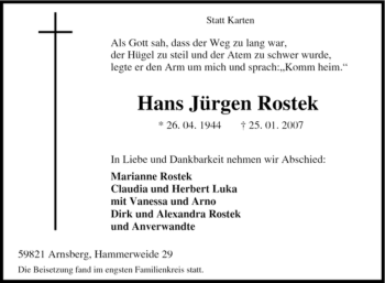 Traueranzeige von Hans Jürgen Rostek von Tageszeitung