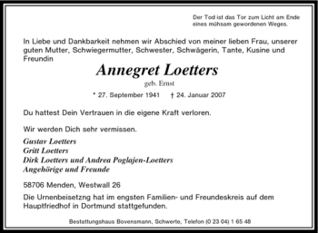 Traueranzeige von Annegret Loetters von Tageszeitung