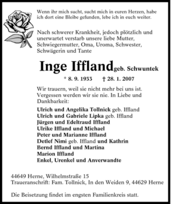 Traueranzeige von Inge Iffland von Tageszeitung