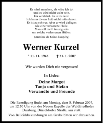 Traueranzeige von Werner Kurzel von Tageszeitung