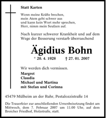 Traueranzeige von Ägidius Bohn von Tageszeitung