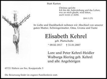 Traueranzeige von Elisabeth Kehrel von Tageszeitung