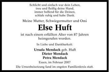 Traueranzeige von Else Huft von Tageszeitung
