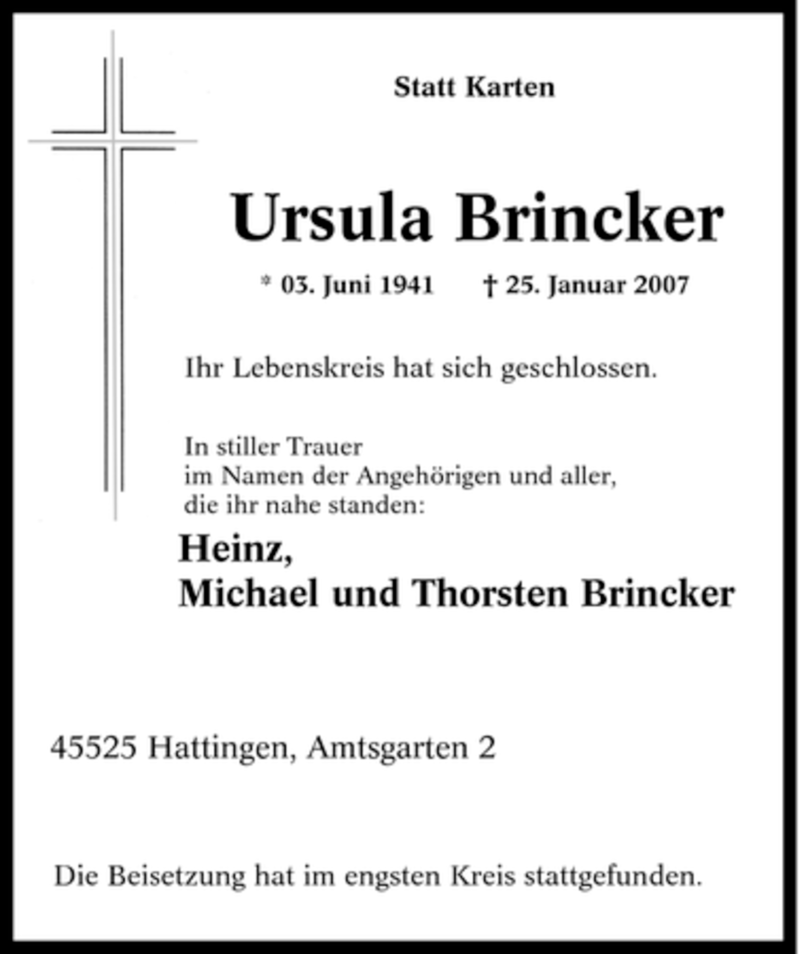  Traueranzeige für Ursula Brincker vom 03.02.2007 aus Tageszeitung