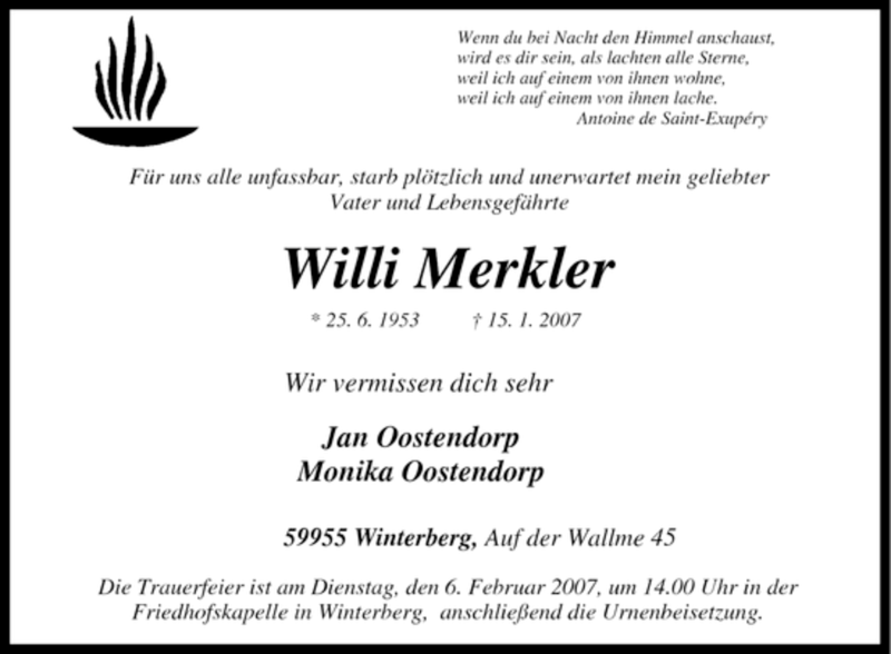  Traueranzeige für Willi Merkler vom 03.02.2007 aus Tageszeitung