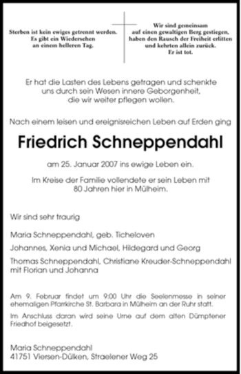 Traueranzeige von Friedrich Schneppendahl von Tageszeitung