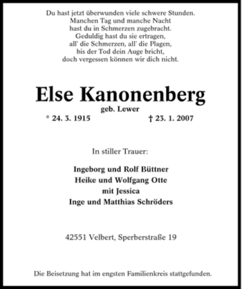 Traueranzeige von Else Kanonenberg von Tageszeitung