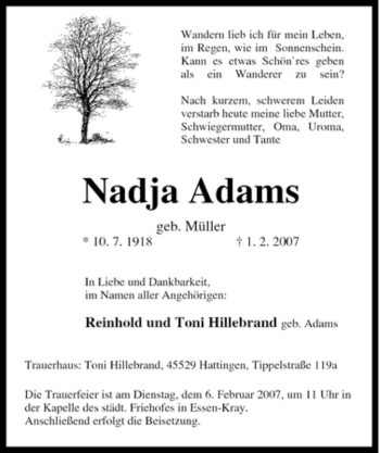 Traueranzeige von Nadja Adams von Tageszeitung