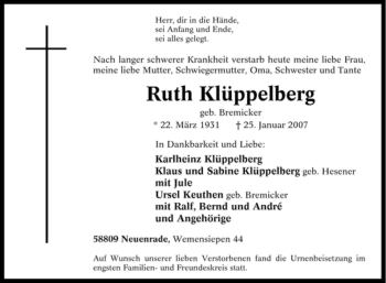 Traueranzeige von Ruth Klüppelberg von Tageszeitung
