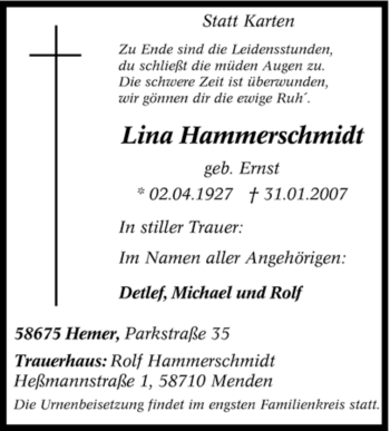 Traueranzeige von Lina Hammerschmidt von Tageszeitung