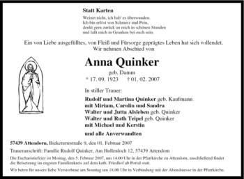 Traueranzeige von Anna Quinker von Tageszeitung
