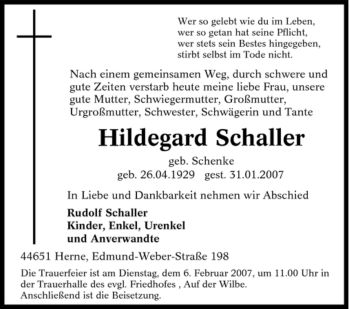 Traueranzeige von Hildegard Schaller von Tageszeitung