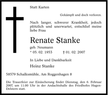 Traueranzeige von Renate Stanke von Tageszeitung