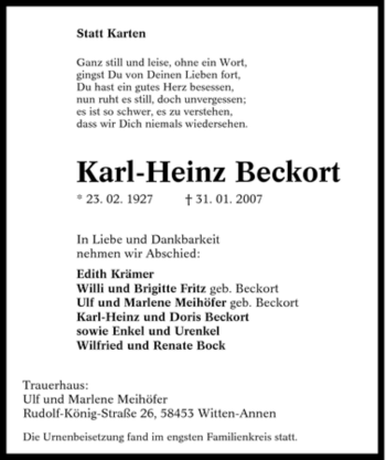 Traueranzeige von Karl-Heinz Beckort von Tageszeitung