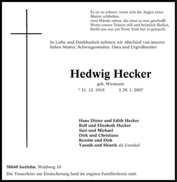 Traueranzeige von Hedwig Hecker von Tageszeitung