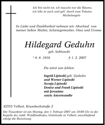 Traueranzeige von Hildegard Geduhn von Tageszeitung