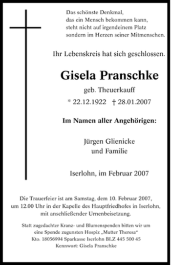 Traueranzeige von Gisela Pranschke von Tageszeitung