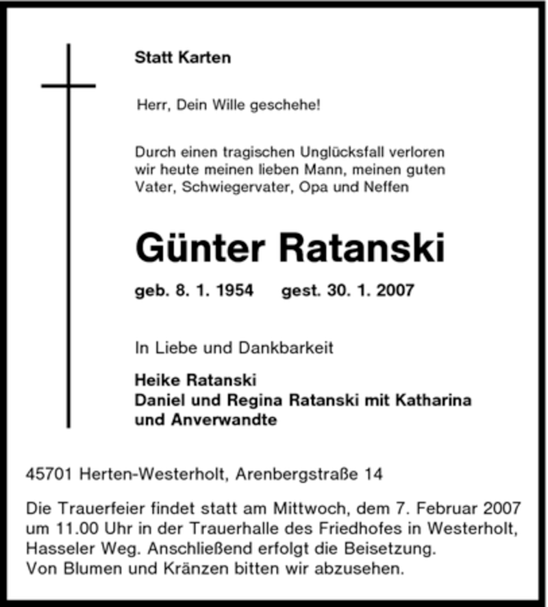  Traueranzeige für Günter Ratanski vom 03.02.2007 aus Tageszeitung