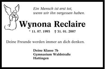 Traueranzeige von Wynona Reclaire von Tageszeitung