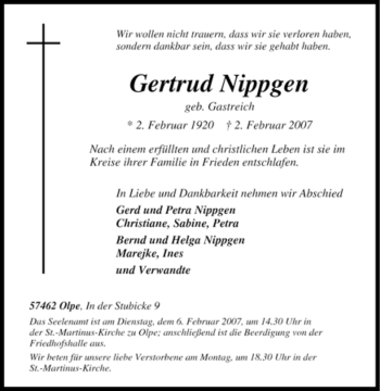 Traueranzeige von Gertrud Nippgen von Tageszeitung