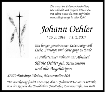 Traueranzeige von Johann Oehler von Tageszeitung