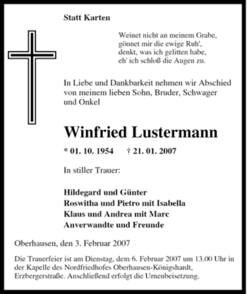 Traueranzeige von Winfried Lustermann von Tageszeitung