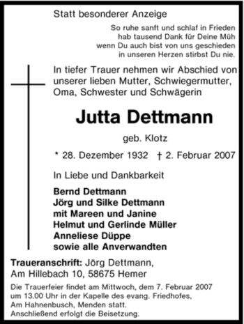 Traueranzeige von Jutta Dettmann von Tageszeitung