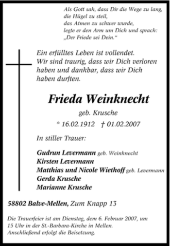 Traueranzeige von Frieda Weinknecht von Tageszeitung